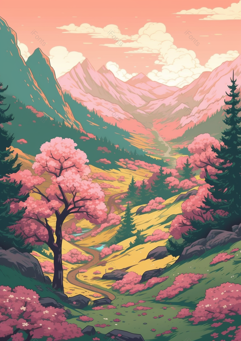 春天绿色的草地和开满粉色花朵的山谷,插画/手绘图,插画/手绘图库,插画/手绘图下载,插画/手绘